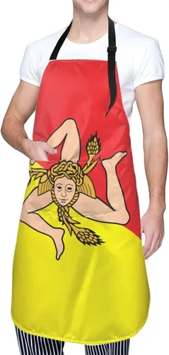 Vista 9 de Delantales de bandera de Sicilia para hombres y mujeres con bolsillos, delantal ajustable resistente al agua y al aceite para cocinar, cocina