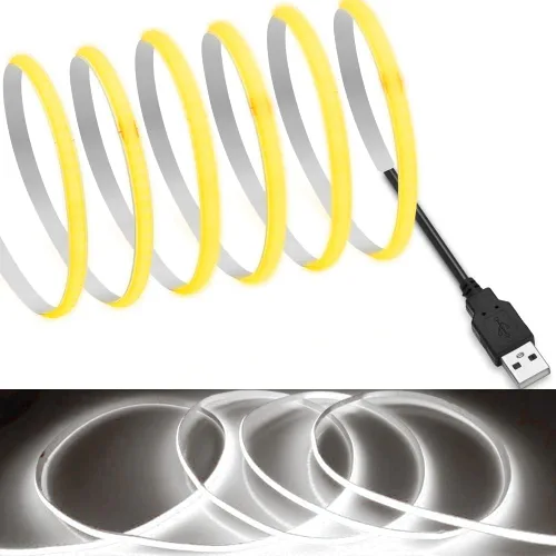 Vista 7 de MDee】Cinta LED de luz USB COB 1.64 pies/0.5 m - Cinta LED de 5 mm flexible DC 5V con 320 LED/m para iluminación cálida (2700K). Cortada, moldeable