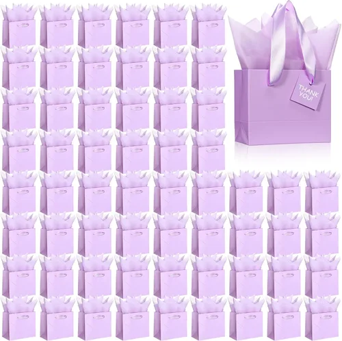 Vista 15 de Qilery 50 bolsas de regalo de papel de boda a granel con papel de seda, pequeñas bolsas de regalo con asa y etiquetas para cumpleaños, bodas