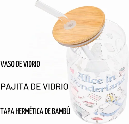 Vista 4 de Silver Buffalo Disney Alice in Wonderland Tarro de vidrio con tapa de bambú y pajita de vidrio, 16 onzas