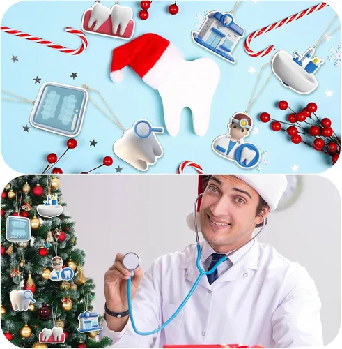 Vista 4 de Wenqik 24 adornos navideños para dentistas y dentistas, decoración de madera, adornos colgantes de Navidad, hoja de dientes, estación de enjuague