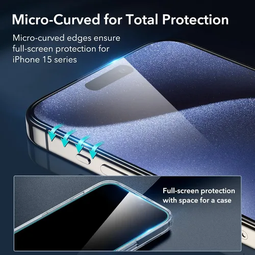 Vista 3 de ESR Paquete de 3+1 para iPhone 15 Pro Max Protector de Pantalla, [Dureza 9H] [Grado Militar Resistente a Roturas] Cobertura Completa Película