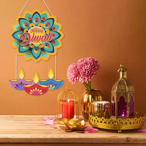 Vista 7 de LHIUEM Diwali - Letreros de madera de Happy Diwali para decoración de pared, juego de 2 (10 x 20 pulgadas), decoración de loto, pancarta india Happy