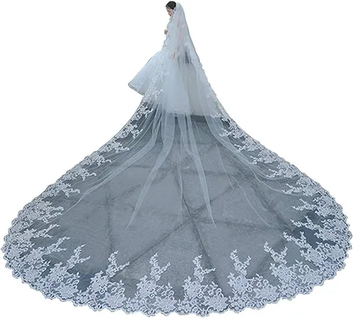 Vista 2 de Velos de novia Catedral Largo Encaje Floral Completo Egde 1 Nivel con Peine, Marfil