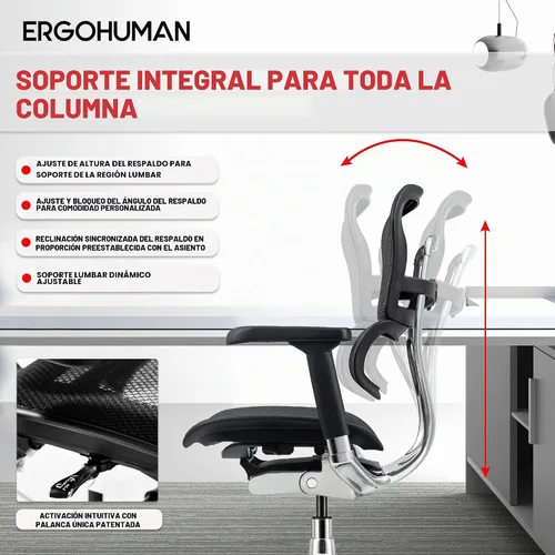 Vista 6 de Eurotech Seating Ergohuman Silla giratoria de malla con respaldo medio, color negro Negro/Cromo