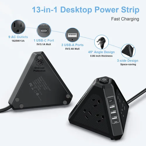 Vista 2 de NVEESHOX - Regleta de alimentación con protector de sobretensiones en torre, 9 salidas de CA con 4 puertos USB (1 USB C), enchufes triangulares de 3