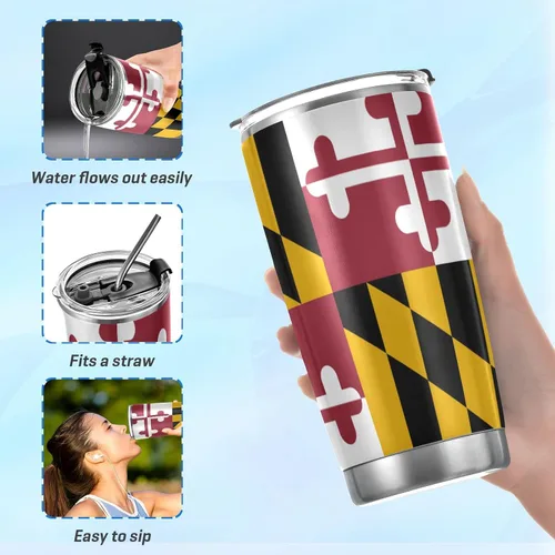 Vista 4 de Vaso aislado con la bandera de Maryland para el regreso a clases, contenedor de bebidas para la oficina, taza de viaje con popote y tapa, acero