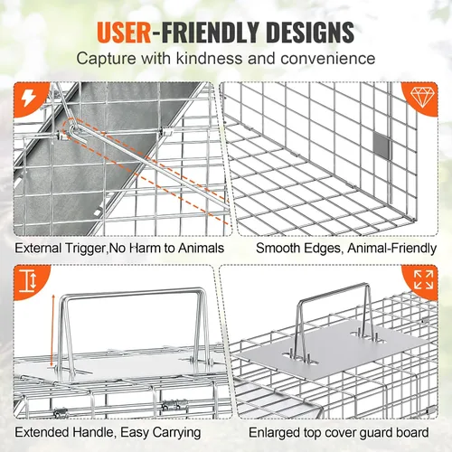 Vista 3 de VEVOR Trampa de jaula para animales vivos, 31 x 10 x 12 pulgadas, trampa para gatos humanitarios de hierro galvanizado, trampa plegable