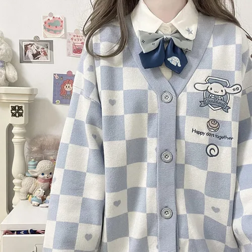 Vista 8 de Suéter Kawaii de anime a cuadros para mujer disfraz de cosplay con cuello en V manga larga