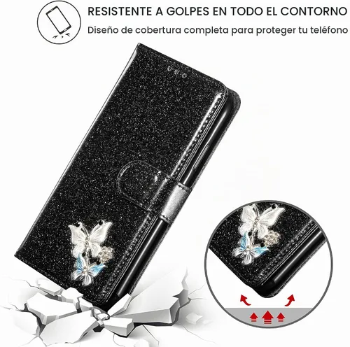 Vista 4 de UEEBAI Funda tipo cartera para iPhone 11, funda de piel sintética con purpurina para teléfono, ranuras para tarjetas, funda con función atril Negro