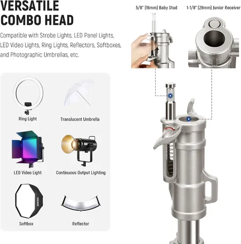 Vista 5 de NEEWER Soporte de Luz de Acero Inoxidable Resistente con Ruedas, Receptor Junior de 1-1/8", Espiga Baby con Resorte de 5/8", Carga Máxima 77lb