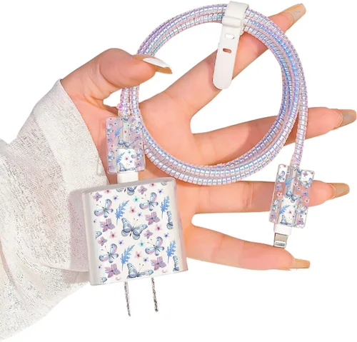 Vista 9 de Bonito protector de cable para cargador de Apple, bonito diseño de flores y mariposas, cable de datos USB, protector de cargador de teléfono