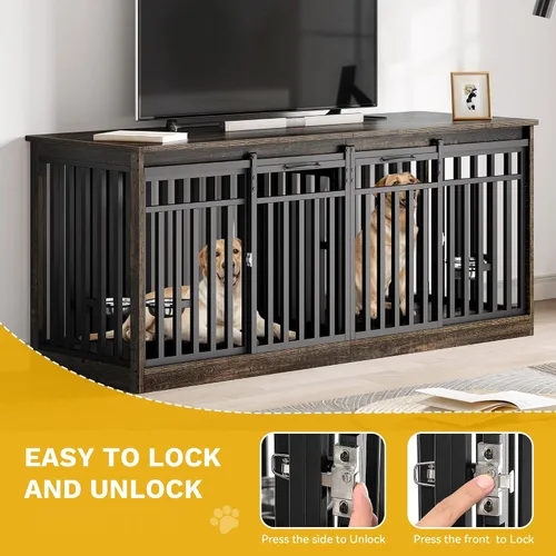 Vista 6 de DWVO Mueble de jaula doble para perros de 71" para 2 perros medianos, perrera doble de madera resistente soporte de TV con puertas correderas, mesa
