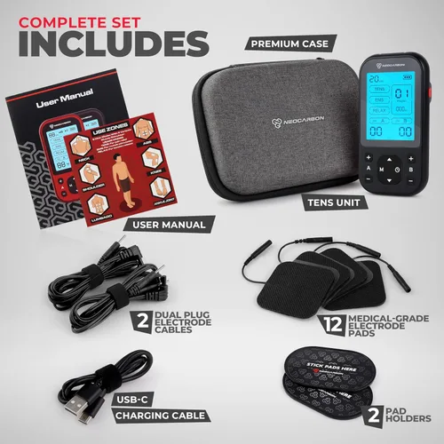 Vista 4 de NEOCARBON TENS Unit - Estimulador muscular Pro para alivio del dolor de espalda, recuperación de hombros y terapia física, máquina masajeadora Negro