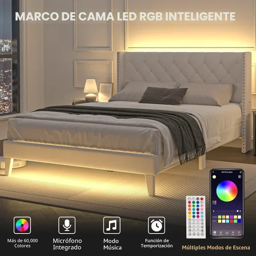 Vista 3 de Lihimte Marco de cama tamaño matrimonial con luces LED, base de cama plataforma tapizada en terciopelo con cabecero y estribo abotonado, soporte