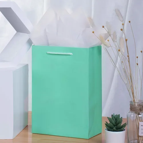 Vista 7 de SHIPKEY Paquete de 10 bolsas de regalo verde aguamarina con papel de seda bolsa de regalo de dama de honor de 8 x 4 x 11 pulgadas, bolsa de papel