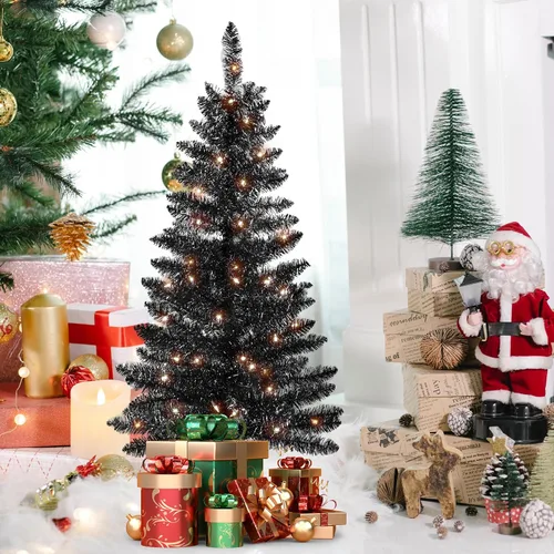 Vista 8 de Liguanow Árbol de Navidad artificial de 4 pies completamente negro con luces separadas, no preiluminado, mini árbol de Navidad de oropel negro, 50