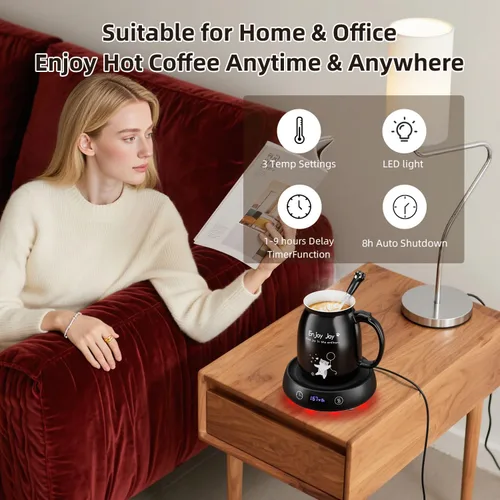 Vista 3 de Calentador de taza de café con bonito juego de tazas de gato, calentador eléctrico de 8 horas de apagado automático para escritorio, oficina, hogar