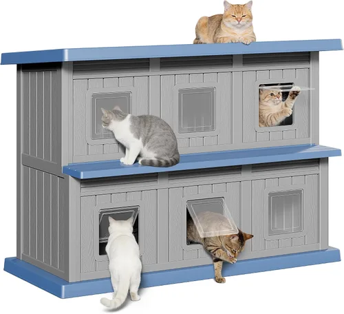 Vista 13 de Casa de gato resistente a la intemperie para exteriores, casa para gatos al aire libre para múltiples gatos, refugio de resina de doble piso