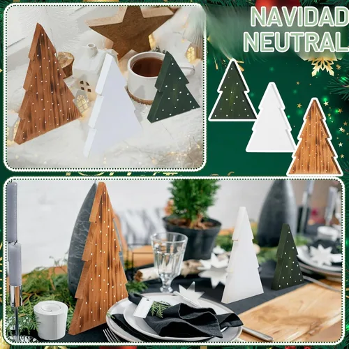 Vista 5 de AceOrbit 3 piezas de decoraciones navideñas rústicas de granja de madera, árboles de Navidad neutros, letreros decorativos de mesa en forma de árbol