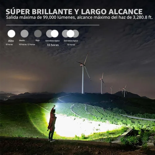 Vista 2 de Linternas recargables de 99,000 lúmenes, linterna LED súper brillante, altos lúmenes con cable USB, 5 modos, linterna impermeable, potente luz