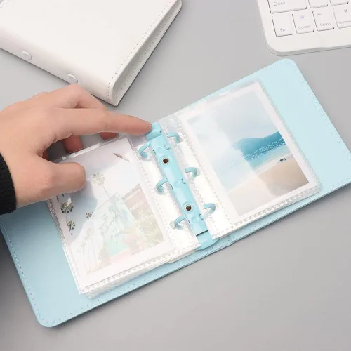 Vista 4 de Mini álbum de fotos, soporte para tarjetas de fotos azules, tarjetas fotográficas Kpop de piel sintética de 3 anillos, álbum de películas de fotos