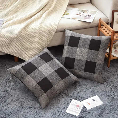 Vista 6 de Tosewever Juego de 2 fundas de almohada a cuadros de búfalo, fundas de almohada rústicas de granja, fundas de almohada de algodón y lino