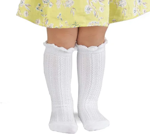 Vista 2 de Epeius - Calcetines altos de algodón para bebés y niñas, de uniforme, calcetas con vuelos (Paquete de 3 o 5)