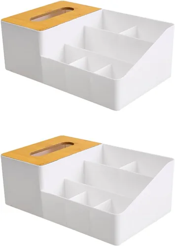 Vista 10 de Soporte para caja de pañuelos de bambú para tableta, organizador de cajas de papel multifuncional, cubierta de caja de pañuelos con almacenamiento
