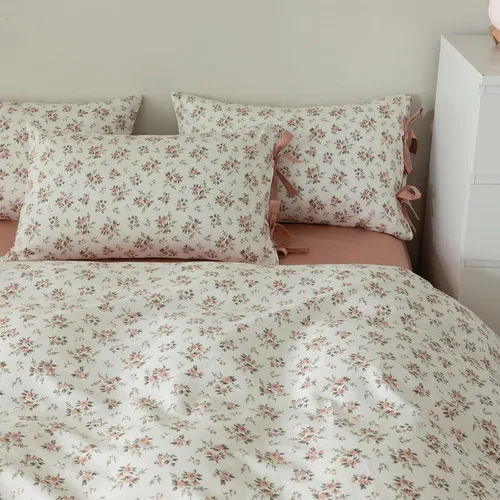 Vista 3 de Fundas de almohada de flores rosadas, 2 piezas, fundas de almohada de cama florales con elegantes lazos, 100% algodón, fundas de almohada estándar