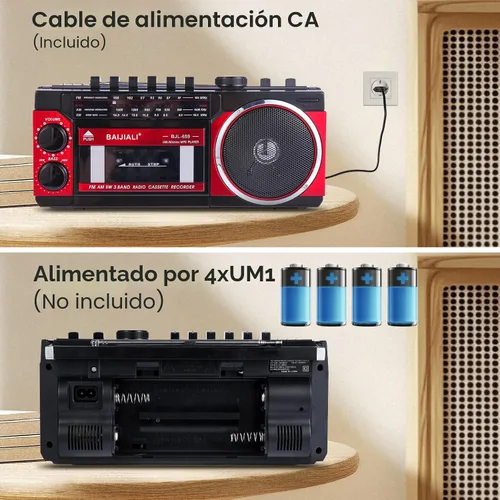 Vista 3 de Reproductor de casete portátil con radio AM/FM/SW y BT, Boombox para el hogar y viajes, grabación desde radio, reproducción a través de SD/USB
