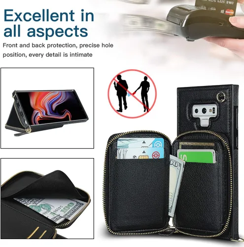 Vista 7 de Asuwish Funda de teléfono para Samsung Galaxy Note 9 con protector de pantalla de vidrio templado y soporte para tarjetas con cremallera, soporte