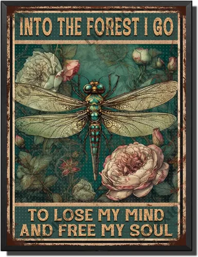 Vista 21 de LIUAXICIA Letreros divertidos de metal con texto en inglés «Into The Forest I go to Lose My Mind and Free My Soul Dragonfly», decoración de pared