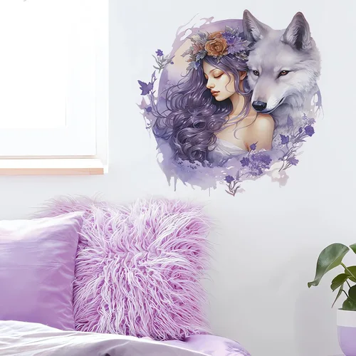 Vista 5 de Calcomanías de pared de niña lobo púrpura vívida, calcomanías creativas de pared de arte frío de belleza fría, vinilo extraíble para despegar