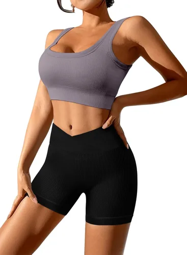 Vista 4 de JZC Conjuntos de entrenamiento para mujer, 2 piezas, acanalados, sin costuras, pantalones cortos de cintura alta, trajes de yoga