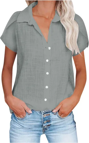 Vista 22 de Camisetas de verano para mujer, de manga corta, pétalos, de lino, con bolsillo, casual, con botones, blusas básicas