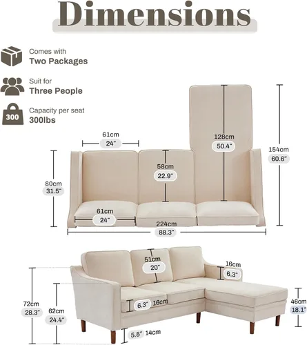 Vista 2 de Kingfun Sofá en Forma de L de 88", Sofá Seccional de Chenilla, Sofás Modernos de Mediados de Siglo con Marco de Madera Maciza para Sala de Estar