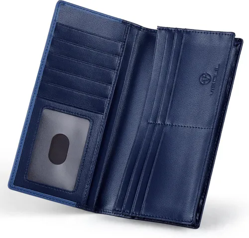 Vista 2 de VISOUL Billeteras largas de cuero con bolsillo con cremallera para hombres y mujeres, bloqueo RFID, billetera alta para secretaria, Azul y azul