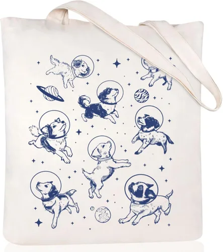 Vista 18 de Bolsa de lona estética para mujer con bolsillo interior, bolsa de hombro para libros, bolsas reutilizables para compras