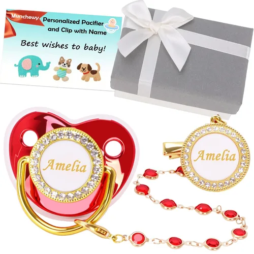 Vista 12 de Chupete personalizado con nombre, juego de clip para chupete dorado brillante con caja de regalo, tarjeta de felicitación, lujoso chupete de cristal