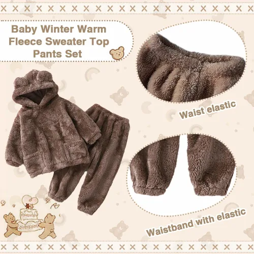 Vista 3 de UVIPC Conjunto de 2 piezas de forro polar para bebé, conjunto de sudadera de oso mullido para niños pequeños