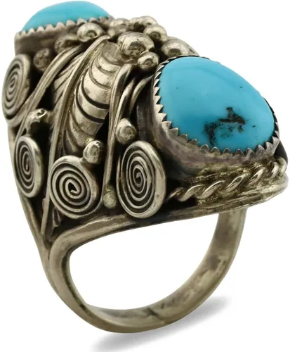 Vista 2 de Anillo Navajo de plata .925 Sleeping Beauty Turquoise firmado JM C.1980's, Plata de ley, turquesa
