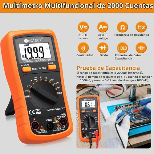 Vista 3 de Multímetro digital de bolsillo Neoteck 8233D PRO 2000 recuentos, con diodos de resistencia, medidor automático de continuidad con indicador sonoro