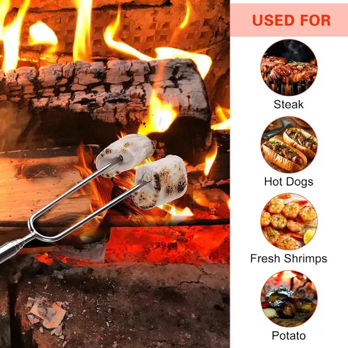 Vista 4 de Smores Sticks para hoguera, palos para asar malvaviscos de 32 pulgadas, tenedores extensibles de acero inoxidable con asas de madera, kit de 8