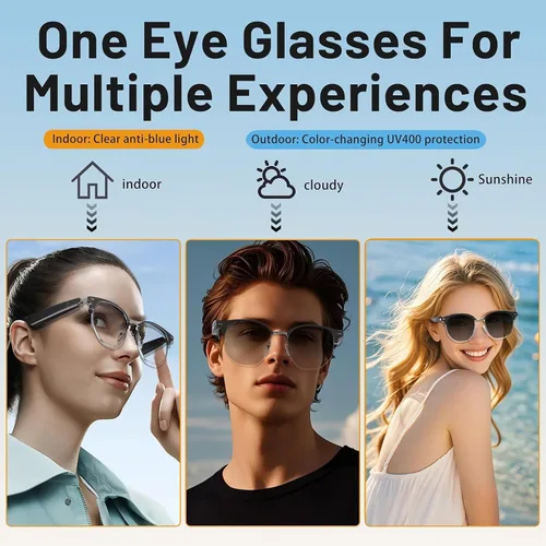 Vista 5 de PUSOKEI Gafas inteligentes, gafas de sol de audio, micrófono y altavoz integrados, protección U V00, auriculares de oído abierto, control táctil