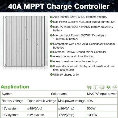 Vista 2 de controlador de carga MPPT 40 amperios 12V/24V Auto, regulador de carga de panel solar 40A con pantalla LCD retroiluminada máxima 100V para batería