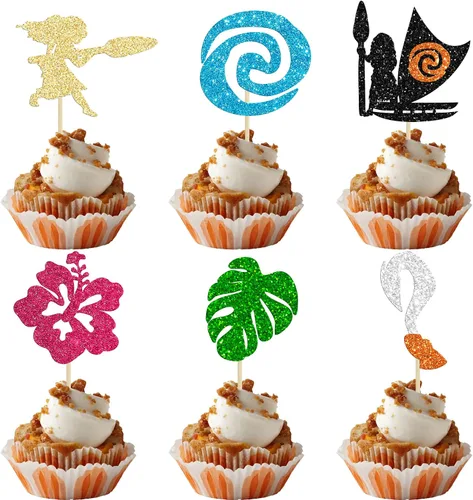 Vista 17 de Gyufise 1 pieza de decoración para pastel de cumpleaños Moana con purpurina de hoja de palma, flor de moana para pastel tropical hawaiano Luau, baby