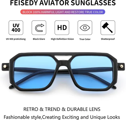 Vista 5 de Feisedy - B2622 - Lentes de sol estilo aviador, cuadrados, clásicos de los años 70, unisex, con montura clásica retro y elegante, UV400