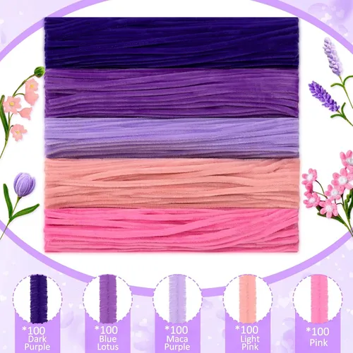 Vista 3 de Peryiter 500pcs Pipe Cleaner Craft Pack, Dark Pink & Purple Flower, 12 Inch Flor rosa oscuro y morada