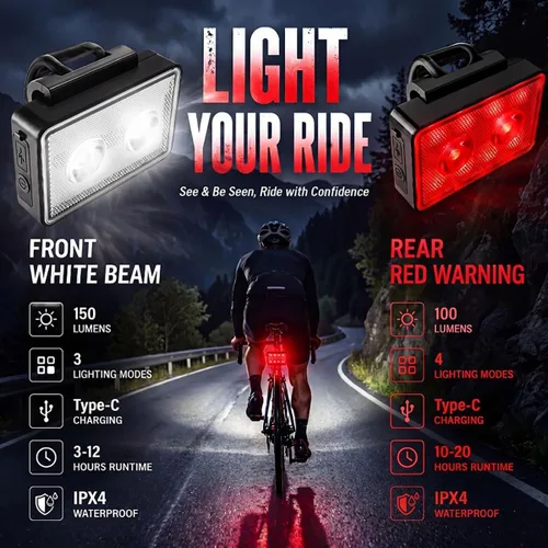 Vista 4 de Bike Lights for Night Riding, USB Rechargeable, Front and Back, 3+4 Modes, Headlight and Taillight Set, IP44 Waterproof, Accessories, Night, (2 Pack)